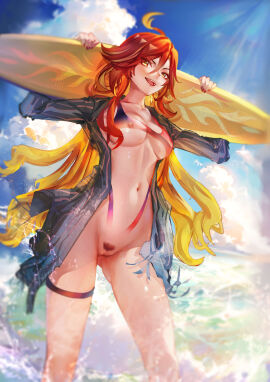 absurdres ahoge blonde_hair blue_sky cloud commentary_request covered_nipples day female female_pubic_hair genshin_impact grey_shirt highres holding holding_surfboard long_hair mavuika_(genshin_impact) miaosu navel ocean one-piece_swimsuit open_clothes open_mouth open_shirt pubic_hair pussy red_hair red_one-piece_swimsuit shirt sky solo standing stomach surfboard swimsuit teeth thigh_strap thighs upper_teeth variant_set very_long_hair water