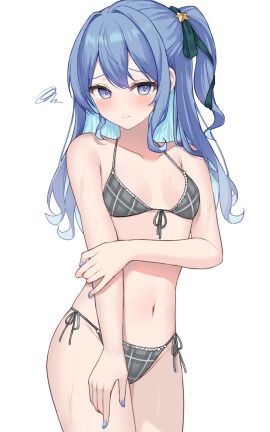 1girls bare_skin bikini blue_hair breasts coha350 female female_focus female_only hololive hololive_gen_0 hololive_japan hoshimachi_suisei light-skinned_female light_skin looking_at_viewer shy small_breasts solo swimsuit tagme virtual_youtuber