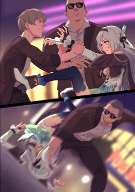 2boys bondage bound breasts bridal_gauntlets censored comic commentary_request cuffs female fingerless_gloves firefly_(honkai:_star_rail) glasses gloves hair_ornament handcuffs high_heels highres honkai:_star_rail honkai_(series) kidnapping male medium_breasts multiple_boys multiple_males on_ground panties partial_commentary prison ryona single_bridal_gauntlet torn_clothes underwear yamomo yamomono