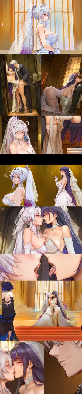 ai_generated cheating cheating_girlfriend cuckquean honkai_impact_3rd kiana_kaslana lesbian_with_male netorare ntr raiden_mei wedding wedding_dress