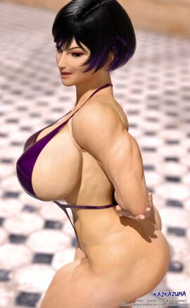 1girls 3d 3d_(artwork) asian_female ass athletic athletic_female bandai_namco big_ass big_breasts black_and_purple_hair breasts copyright copyright_name detailed_background female female_focus female_only hands_behind_back kazkazuma namco purple_eyes purple_swimsuit reina_mishima short_hair swimsuit tekken tekken_8