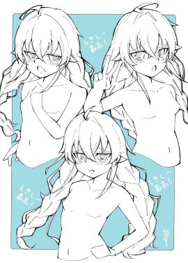 1girls ahoge artist_request blush braid breasts closed_mouth completely_nude cropped_torso embarrassed female female_only greyscale_with_colored_background hair_between_eyes hand_on_own_chest hand_on_own_hip highres long_hair looking_at_viewer monochrome multiple_views mushoku_tensei navel nude open_mouth pointy_chin roxy_migurdia sketch small_breasts solo stomach twin_braids user_ymhr7828 v very_long_hair wavy_mouth