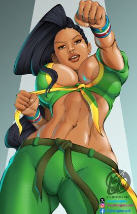 abs athletic athletic_female bare_midriff big_breasts black_hair bracelet brazilian brazilian_female breasts brown_eyes busty capcom cleavage crop_top cyborg_mc female female_focus female_only fit fit_female hourglass_figure kimono large_breasts laura_matsuda long_hair low-angle_view muscle_tone muscles pants pinup pinup_pose street_fighter tagme tied_shirt toned toned_female wide_hips