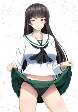 1girls black_eyes black_hair black_panties breasts female girls_und_panzer green_skirt large_breasts lifted_by_self long_hair looking_at_viewer midriff milf miraino_tsubasa navel neckerchief nishizumi_shiho ooarai_school_uniform panties sailor_collar school_uniform shirt skirt skirt_lift white_shirt