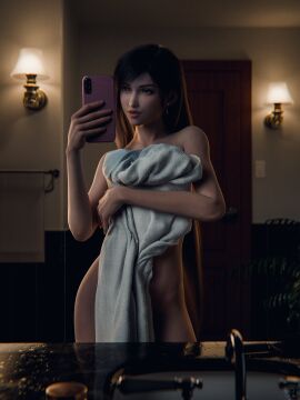 1girls 2024 3d bathroom black_hair breasts cellphone completely_nude covered_breasts covered_pussy covering_breasts covering_self earrings eyeshadow female female_only final_fantasy final_fantasy_vii final_fantasy_vii_remake fit fit_female greengiant3d holding_phone holding_towel human human_only indoors legs_apart legs_out_of_frame light-skinned_female light_makeup light_skin lipstick long_hair looking_at_phone mirror mirror_selfie naked_towel no_visible_genitalia no_visible_nipples nude nude_cover nude_female phone pink_lipstick potted_plant pussy red_eyes selfie sink smartphone solo standing tifa_lockhart towel towel_only very_long_hair