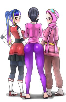 3girls asian asian_female ass black_hair blue_hair boboiboy_(series) ejen_ali_(series) female hijab kak_ros kimberly_song thick_ass thick_thighs tight_pants upin_&_ipin yaya_(boboiboy) zein_(artist)