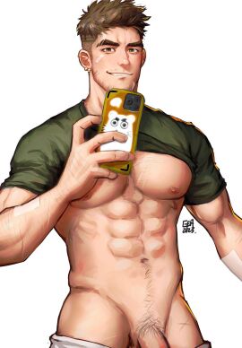 1boy 2023 abs arm_hair bandaid bandaid_on_arm bandaid_on_face bara beard_stubble brown_eyes brown_hair chinese_commentary clothes_lift clothes_pull commentary_request cowboy_shot ear_piercing facial_hair figure_available gay green_shirt greentea grin highres holding holding_phone kevin_(greenteaa) large_pectorals looking_at_viewer male male_focus male_only male_pubic_hair mature_male merchandise_available multiple_piercings muscular muscular_male navel navel_hair nipples original pants pants_pull pectorals penis phone piercing pubic_hair shirt shirt_lift short_hair short_sleeves signature simple_background smile solo stubble teeth white_background yaoi