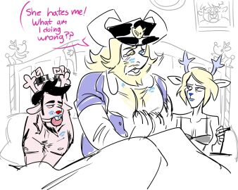 1girls 2male antlers asgore_dreemurr asgore_dreemurr_(deltarune) ball_gag beard blonde_female blonde_hair blonde_male blue_lipstick bra brown_fur carol_holiday chubby_male crying crying_male deer_antlers deer_boy deer_ears deer_girl deer_horns deltarune deltarune_chapter_4 english english_text fat_male female funny furry gagged goat_boy goat_ears goat_horns goat_humanoid hairy_male handcuffs heterochromia horns in_bed lipstick_mark male moustache police_hat rudolph_holiday skinny_female smoking sweetapplemur threesome undertale_(series) venting