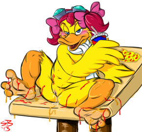 2013 2d 2d_(artwork) 2d_artwork anatid anseriform anthro avian belly bird birdie_the_early_bird blush digital_art digital_drawing_(artwork) digital_media_(artwork) drink duck eyewear female food furry furry_female genital_fluids goggles hair_ribbon hairbow half-closed_eyes holding_drink holding_object ketchup mascot mcdonald's messy mostly_nude mustard navel nude on_table presenting presenting_pussy pussy pussy_juice pussy_juice_drip ribbons scarf sean_blackthorne slightly_chubby solo spread_legs spreading tied_hair twintails wings
