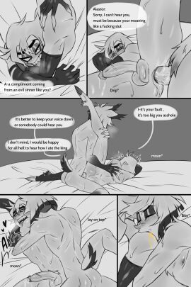 absurd_res alastor_(hazbin_hotel) anal anal_sex angel animal_humanoid antlers anus ass balls bed big_penis bite blush bodily_fluids claws closed_eyes deer deer_humanoid demon demon_humanoid dialogue duo english_text erection fallen_angel fangs fluffy fluffy_tail from_front_position furniture genital_fluids genitals hair hazbin_hotel hi_res hooves horn humanoid looking_pleasured lucifer_morningstar_(hazbin_hotel) lying male male/male male_penetrated male_penetrating male_penetrating_male mammal mammal_humanoid nipples nude on_bed one_eye_closed open_mouth open_smile penetration penile penile_penetration penis penis_in_ass precum profanity pubes sex smile sweat sweetys_h tail teeth text tongue vein veiny_penis