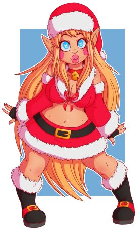 alternate_version_available bimbo bimbo_body bimbo_lips christmas christmas_headwear christmas_outfit collar elf elf_ears elf_female female heart-shaped_pupils shortstack sylvanas_windrunner world_of_warcraft wrenzephyr2