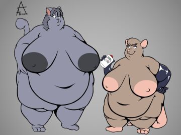 2024 anthro areola arkaneanarchist_(artist) armwear ass belly big_areola big_ass big_belly big_breasts big_butt breasts brown_body brown_hair brown_skin clothing colored digital_drawing_(artwork) digital_media_(artwork) domestic_cat duo elbow_gloves eyeshadow felid feline felis female female/female flat_colors fluffy fluffy_tail gloves grey_body grey_hair grey_nipples grey_skin hair hand_on_hip handwear hi_res holding_lube holding_object huge_areola huge_ass huge_belly huge_breasts huge_butt huge_hips huge_thighs hyper imminent_fisting latex latex_clothing latex_gloves latex_handwear lovehandles lube makeup male mammal moobs murid murine navel nipples nude obese obese_anthro obese_female overweight overweight_anthro overweight_female persian_cat pink_nipples rat rodent rubber_clothing simple_background size_difference smile smiling_at_another standing tail thick_thighs wide_hips