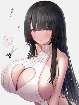 1girls ass ass_cleavage ass_crack bangs bare_shoulders black_hair blush breast_focus breasts breasts_bigger_than_head busty butt_crack cleavage cleavage_cutout collarbone enormous_breasts female female_focus female_only gigantic_breasts hair_ornament hairclip heart-shaped_mole heart_cutout heart_symbol himekawa-san_(metae) huge_breasts japanese_text large_breasts long_hair looking_at_viewer massive_breasts metae mole mole_under_eye original original_character purple_eyes scissors sideboob simple_background slim_waist smile solo sweater text thin_waist top_heavy top_heavy_breasts v_arms veiny_breasts virgin_destroyer_sweater virgin_killer_sweater voluptuous voluptuous_female white_background
