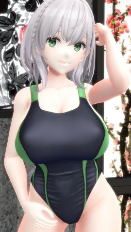 1girls 2024 3d big_breasts breasts cleavage female green_eyes hati_yukkuri_mmd hololive hololive_fantasy hololive_japan human indoors light-skinned_female light_skin looking_at_viewer mikumikudance mmd one-piece_swimsuit one_arm_up open_mouth shirogane_noel smiling_at_viewer solo_female solo_focus swimsuit virtual_youtuber white-haired_female
