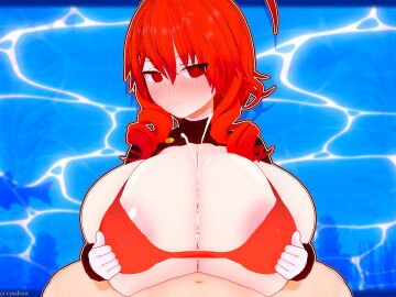 1boy 1girls 3d bikini black_shirt blush breasts breasts_out cum cyshen drill_hair ejaculation ejaculation_between_breasts female funamusea huge_breasts koikatsu koikatsu_(medium) lobco lobster_girl looking_at_viewer male paizuri partially_submerged pov red_bikini red_eyes red_hair straight titjob twin_drills wadanohara_and_the_great_blue_sea