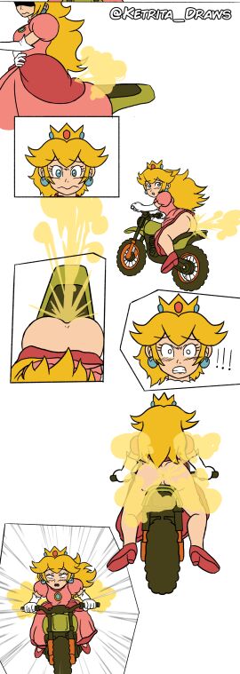 comic fart fart_cloud fart_everywhere fart_fetish farting hyper_fart ketrita mario_(series) mario_kart mario_kart_world motorcycle pink_dress princess_peach simple_background simple_shading