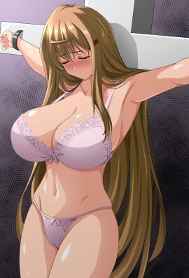 1girls blonde_hair blush bound bound_to_cross breasts cleavage closed_eyes crucifixion female hiiragi_akao huge_breasts humiliation jinki long_hair steam_erobou tears underwear voluptuous