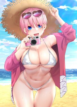 ass_visible_through_thighs bare_belly bare_legs bare_shoulders bare_thighs beach belly_button bikini blue_eyes blush breasts cameltoe camera cleavage collarbone female go-toubun_no_hanayome groin hat holding_camera huge_breasts kosmos_beta long_sleeves micro_bikini nail_polish nakano_ichika open_mouth open_shirt outdoors pink_hair pink_nails pussy shiny_skin short_hair sideboob smile straw_hat sunglasses_on_head thighs underboob water wet_body white_bikini