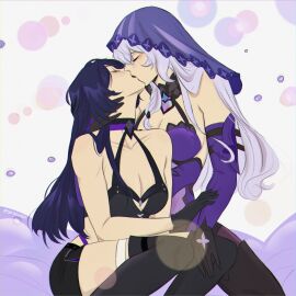 acheron_(honkai:_star_rail) black_swan_(honkai:_star_rail) cuddle cuddling female honkai:_star_rail kissing long_hair sensual thighs yuri