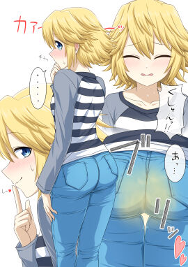 ass blonde_hair blue_eyes blush breasts closed_eyes embarrassed fart fart_cloud fart_fetish female female_only japanese_text jeans long_sleeves looking_at_viewer medium_breasts medium_hair multiple_views original smell smile stinky sweatdrop translation_request