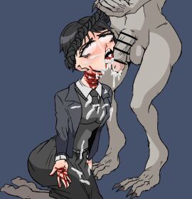 1boy 1girls black_hair blood_on_hand blood_on_neck captured captured_heroine censored censored_penis claw_marks cum_in_mouth cum_on_clothes cum_on_face cut_throat death defeated defeated_heroine emo emo_girl female female_death female_humiliation gore goth goth_girl grey_eyes guro jenna_ortega male monster monster_cock monster_on_female necrophilia on_knees penis ponytail_grab ponytail_hold ponytails rattminded tears tears_in_eyes teenage_female teenager the_addams_family tyler_galpin wednesday_(netflix) wednesday_addams