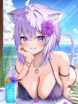 ahoge alternate_costume animal_ears bent_over bikini black_bikini blue_sky blurry blush bokeh bracelet breasts cat_ears cat_girl cat_tail cleavage cloud cloudy_sky commentary cowboy_shot crazy_straw crossed_bangs cup day depth_of_field drink drinking_straw female flower grin hair_between_eyes hair_flower hair_ornament hand_on_own_chin head_rest hibiscus highres hololive hololive_gamers hololive_japan jewelry large_breasts lens_flare light_rays looking_at_viewer medium_hair necklace nekomata_okayu ocean outdoors petals purple_eyes purple_flower purple_hair signature sky smile solo standing strap_slip swimsuit table tail teeth torakichi_888 virtual_youtuber
