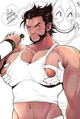 2boys anger_vein beard blush chest_hair couple deadpool deadpool_&_wolverine_(2024) english_text gay hairy heart holding holding_bottle large_pectorals male male/male male_only marvel marvel_cinematic_universe marvel_comics navel nipples niucniuc niusesabe pectoral_grab pectorals short_hair speech_bubble sweatdrop tank_top wolverine_(x-men) x-men yaoi
