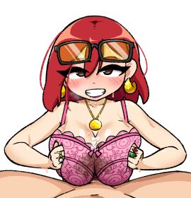 1boy 2d_(artwork) big_breasts blush bra breasts breasts_squeezed_together brown_eyes cum cum_on_breasts female fymaxine glasses gold_earrings gold_jewelry gold_necklace jeans painted_nails pink_bra red_hair smile sweat titjob white_skin