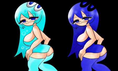 5_fingers :3 ass black_background blue_eyes blue_hair breasts dress female female_only glasses ibi3uno inky_(pac-man) long_blue_hair long_dark_blue_hair long_light_blue_hair pac-man_(series) pac-man_ghost_dance_(minus8) rule_63 stockings tagme turn-to-blue