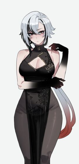 1girls arlecchino_(genshin_impact) bare_arms bare_shoulders big_breasts blush breasts chinadress chinese_clothes clothed clothing color female female_focus female_only genshin_impact hi_res large_breasts light-skinned_female light_skin looking_at_viewer ratatatat74 red_eyes short_hair solo solo_female tagme thick_thighs white_background white_hair