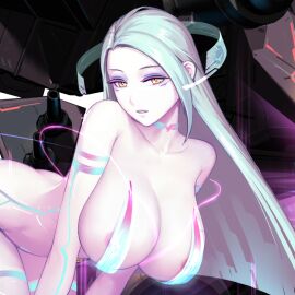 almost_naked areola_slip areolae ass ass_cleavage bare_shoulders bending_forward bending_over bent_forward bent_over body_markings breasts face_markings facial_markings female female_only forehead game_cg glowing glowing_markings hanging_breasts head_tilt hologram huge_breasts last_origin long_hair looking_at_viewer machine makeup mechashire seljuq_(last_origin) teeth transparent_background white-skinned_female white_hair white_skin white_skinned_female yellow_eyes