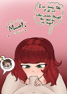 1boy 1girls amber_cassidy blowjob breasts danganronpa deepthroat dialogue eyelashes fanganronpa fellatio female fingernails gradient_background green_eyes hearts kurodahlia18 male nerd nude nude_female oral penis penis_in_mouth pink_background pov project:_eden's_garden red_hair sex sleep_molestation sleeping straight tomboy wilhelm_ulysses