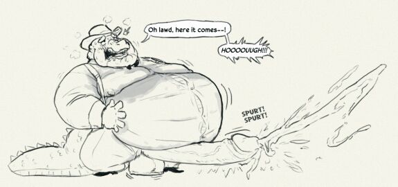 alligator alligatorid anthro balls balls_expansion balls_growth balls_growth_(enlargement) belly big_balls big_belly big_penis bloated bodily_fluids bow_tie clothing coat crocodilian cuff_links cum cumshot double_chin dress_pants dress_shirt dress_shoes dress_socks ejaculation erection expansion eye_roll genital_expansion genital_fluids genital_growth genital_growth_(enlargement) genitals gentleman growth hand_on_belly hands-free hands_up hat headgear headwear huge_cock hyper hyper_genitalia hyper_penis male nipple_outline nipples obese obese_anthro obese_male open_mouth overweight overweight_anthro overweight_male papyreit penis penis_expansion penis_growth penis_growth_(enlargement) penis_poking_out penis_through_fly reptile scalie shirt solo southern_accent speech_bubble suit suspenders sweat sweat_stain sweatdrop sweaty_clothing tail teeth text topwear weight_gain