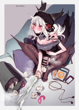 1futa animal_ears arknights balls bar_censor black_headwear black_pantyhose blush breasts censored clothed clothing condom cum ejaculation erection frostleaf_(arknights) full_body futa_masturbation futa_only futanari grey_hair hat highres huge_cock human intersex large_breasts light-skinned_futa light_skin long_hair masturbation mirin_chikuwa mostly_clothed nipple_stimulation nipple_tweak orgasm pantyhose penis projectile_cum red_eyes sitting solo sweat testicles trash_can tweaking_own_nipple used_condom used_tissue veins veiny_penis