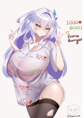 absurdres breasts covered_nipples female genshin_impact hetani312 highres huge_breasts large_breasts looking_at_viewer pointy_breasts red_eyes see-through_clothes see-through_shirt shirt skirk_(genshin_impact) thighs torn_clothes twitter_strip_game v white_hair