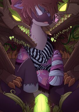 anthro bite bite_mark bite_mark_on_neck bodily_fluids bulge circe_(pankallisti) equid equine eyewear fan_character female feral feral_on_feral friendship_is_magic genitals glasses group hasbro heart_symbol hi_res horse male mammal my_little_pony neck_bite offscreen_character offscreen_male pankallisti penetration penis pony prosthetic prosthetic_limb pussy restrained_legs sex timberwolf_(mlp) vaginal_penetration vine_bondage