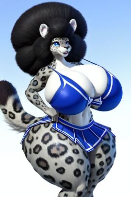 afro anthro ass blue_eyes breasts cheerleader cheerleader_uniform clothed female furry grey_hair huge_ass huge_breasts huge_butt snow_leopard thick_thighs white_hair