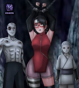 1girls 2boys abs arm_warmers armpit_fetish armpits arms_above_head arms_up armwear bandage bandaged_leg bare_shoulders bare_thighs black_eyes black_hair black_legwear blush bondage boruto:_naruto_next_generations breasts chained chained_up chained_wrists chains child_bearing_hips clothed clothing defeated father father_and_son female femsub fmm_threesome forehead_protector fully_clothed glasses handcuffed handcuffs headband hi_res high_resolution highres hourglass_figure imminent_anal imminent_creampie imminent_double_penetration imminent_gangbang imminent_impregnation imminent_rape imminent_sex imminent_vaginal konohagakure_symbol kr4ken legwear light-skinned_female light-skinned_male light_skin male medium_breasts minishorts mmf mmf_threesome multiple_males muscular muscular_male naruto naruto_(series) open_mouth pale-skinned_female pale-skinned_male pale_skin pussy red_eyes restrained restrained_arms restraints sarada_uchiha sharingan short_hair shorts shounen_jump sleeveless_shirt son standing teenage_female teenager thighhighs threesome tight_clothing tomboy topless topless_male uchiha_sarada uchiha_shin white_hair white_skin wide_hips