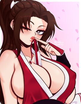 1girls bangs blush breast_focus breasts brown_eyes brown_hair fatal_fury female female_focus female_only huge_breasts king_of_fighters kunoichi large_breasts looking_at_viewer lordguyis mai_shiranui nipple_bulge object_between_breasts one_eye_closed ponytail snk wink