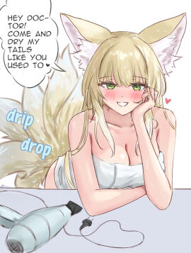 1girls after_shower aged_up animal_ears arknights blonde_hair blush cleavage english_text fan female female_only hair_dryer head_on_hand kemonomimi kitsune_girl light-skinned_female light_skin looking_at_viewer multi_tail naked_towel runyo_(yale12312) smile solo suzuran_(arknights) tail tails text towel towel_only