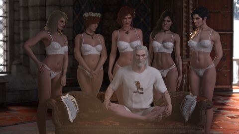 1boy 3d 5girls before_sex black_hair blonde_hair cd_projekt_red choker collar ex-girlfriend eyeshadow female geralt_of_rivia gkdanuka goth green_eyes harem harem_girl kaer_morhen keira_metz light-skinned_female light-skinned_male light_skin lipstick long_hair looking_at_viewer male meme pale-skinned_female pale_skin panties petite piper_perri_surrounded purple_eyes purple_eyeshadow purple_lipstick red_hair redhead seductive_eyes seductive_look seductive_mouth shani slim sorceress syanna the_witcher_(series) the_witcher_3:_wild_hunt triss_merigold underwear violet_eyes white_hair yennefer