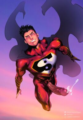 1boy big_penis black_hair cape clark_kent dark_hair dc dc_comics flying foreskin fully_retracted_foreskin justthemeat/meat2go kal-el kong_kenan male male_focus male_only penis penis_out retracted_foreskin smile smiling superman superman_(clark_kent) superman_(series) uncircumcised veiny_penis yaoi