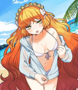 1girls clothed clothed_female clothing female ginger ginger_hair green_eyes ishmael_(limbus_company) light-skinned_female light_skin limbus_company long_hair looking_at_viewer pale-skinned_female pale_skin partially_clothed partially_clothed_female project_moon removing_clothing removing_jacket swimsuit swimsuit_under_clothes swimwear tagme