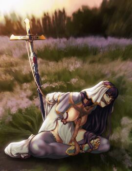 1girls arms_behind_back arms_tied arms_tied_behind_back blue_eyes bondage breasts breasts_out circlet commission commission_art commissioner_upload cross cross-legged crossed_legs european_mythology fate/grand_order fate_(series) female field field_background flowers flowers_in_background folklore gag gagged gagged_female hunched_over large_breasts legs_tied looking_at_viewer mythology nipples public_domain puppyinanappy purple_hair rope rope_between_breasts rope_bondage saint_martha sandals sitting staff tagme thick_thighs thigh_highs thighhighs thighs toes veil