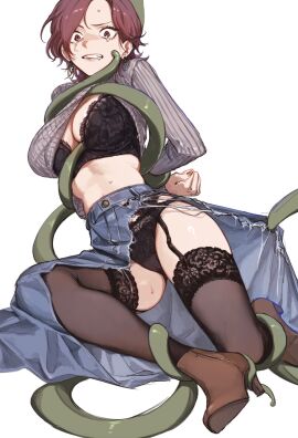1girls arms_behind_back black_bra black_legwear black_panties black_thighhighs bra breasts brown_footwear brown_thighhighs character_request clenched_teeth clothes_lift clothing commission copyright_request denim denim_skirt earrings female green_tentacles high_heels highres jewelry long_skirt matching_underwear panties shiny_skin short_hair skirt solo spread_legs striped_clothes striped_sweater sweater sweater_lift tears teeth tentacle thighhighs torn_clothes torn_skirt underwear urasanmyaku wide_eyed wide_hips
