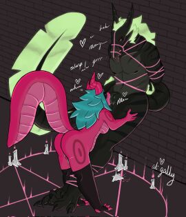 2024 ak_(akefesauce) ali_gally anthro arms_tied ass black_body black_penis blue_hair bodily_fluids bondage bound breasts candle caper_(ali_gally) claws clothing coral_dragon countershade_torso countershading digital_media_(artwork) dominant dominant_female dragon duo eye_contact fellatio female fin genital_fluids genitals green_hair growling hair hands_behind_back heart_symbol hi_res horn knee_highs knot legs_tied legwear looking_at_another magic male masturbation moan mythological_creature mythological_scalie mythology nipples nude occult_symbol onomatopoeia oral penile penis penis_in_mouth pentagram pink_body pink_sclera pussy questionable_consent raised_tail restraints saliva scalie sex signature sound_effects stirrup_stockings striped_body stripes submissive submissive_male symbol tail tail_fin text thick_tail tied_mouth toe_claws vaginal_fluids vaginal_masturbation vaginal_penetration yellow_eyes