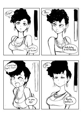 1girls 4koma aaliyah_(biku) alcohol_consumption biku black_hair breasts cleavage desperation didn't_make_it_in_time drinking drinks drunk earrings english_text female have_to_pee hoop_earrings implied_peeing implied_wetting jewelry looking_at_viewer necklace original solo solo_female solo_focus speech_bubble urine_meter