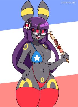 2024 alternative_fashion anthro black_eyes bra chile chilean_flag_bikini clothing digital_media_(artwork) duskull ear_piercing eeveelution female fiestas_patrias_(chile) generation_2_pokemon generation_3_pokemon glasses goth hair hi_res holidays legwear long_hair luneiumbreon_(mintyspirit) markings mintyspirit multicolored_hair nerd nintendo open_mouth panties piercing pokemon pokemon_(species) purple_hair red_clothing red_legwear red_sclera red_stockings ring_(marking) skewer smile solo stockings umbreon underwear