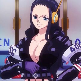 1girls black-haired_female black_hair blue_eyes breasts female female_only female_pervert krsvia large_breasts long_hair mature_female nico_robin one_piece presenting screencap smile solo