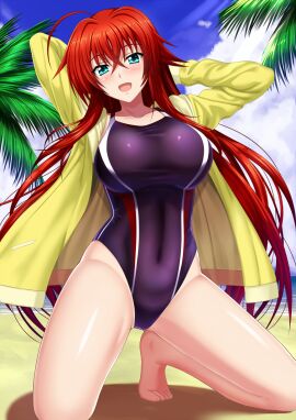 ahoge arms_behind_head arms_up beach blue_eyes blush breasts cloud cloudy_sky competition_swimsuit day female hair_between_eyes high_school_dxd highres jacket large_breasts looking_at_viewer one-piece_swimsuit open_mouth outdoors red_hair rias_gremory sand shibata_rai shiny_skin sky solo swimsuit